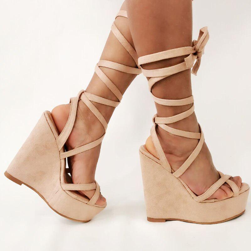 GOOSHOE Handamde Wedges Heels Sandals Crisscross Shoelace Shoes Prom Shoes