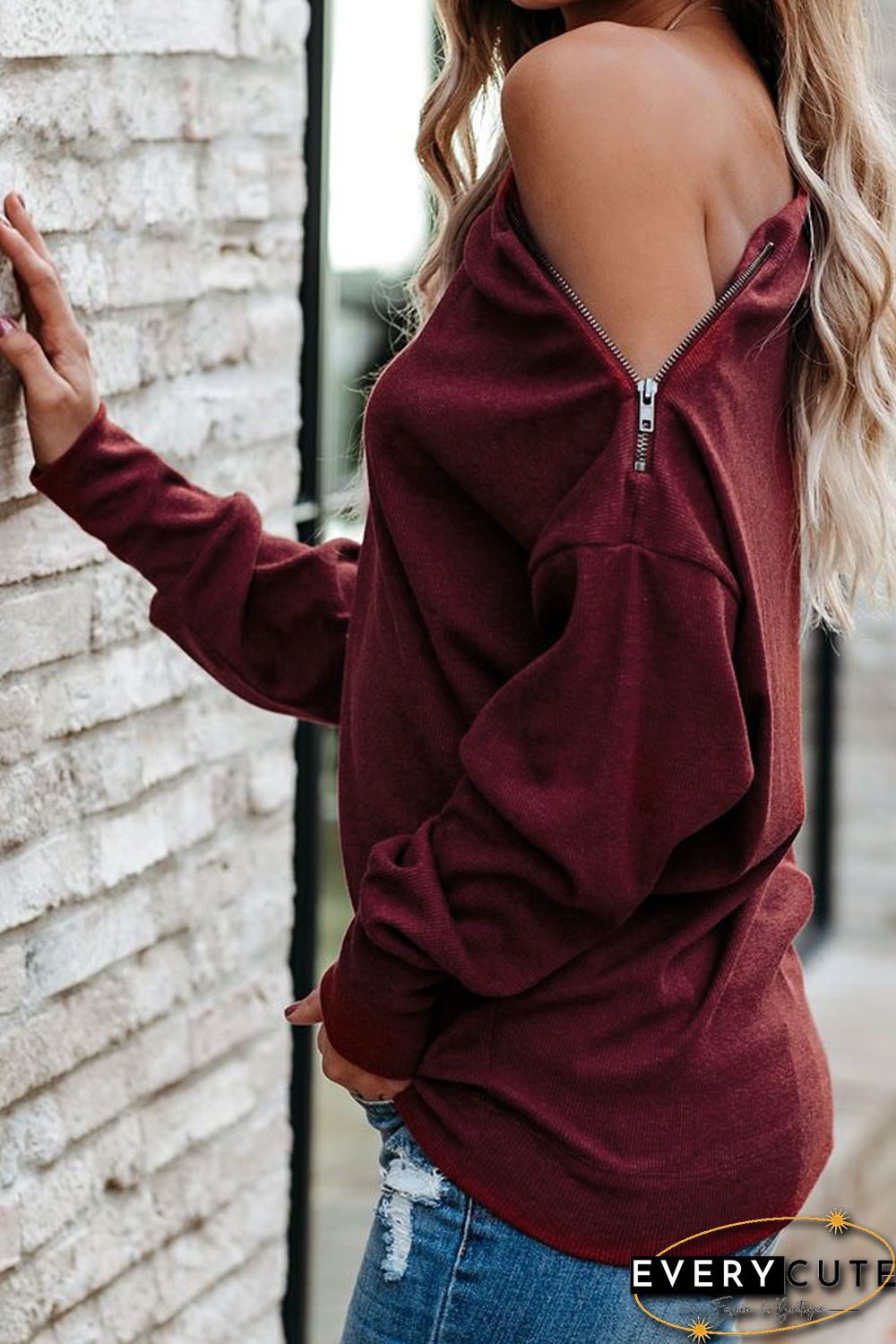 Red Ribbed Zip Knit Top