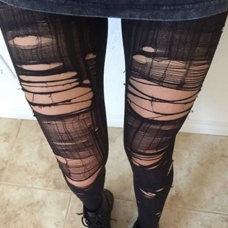 Xingqing DIY Ripped Tights Gothic Sexy Women Fishnet Pantyhose Bottom Trousers Black Female Hollow Out Mesh Clothes Underwear