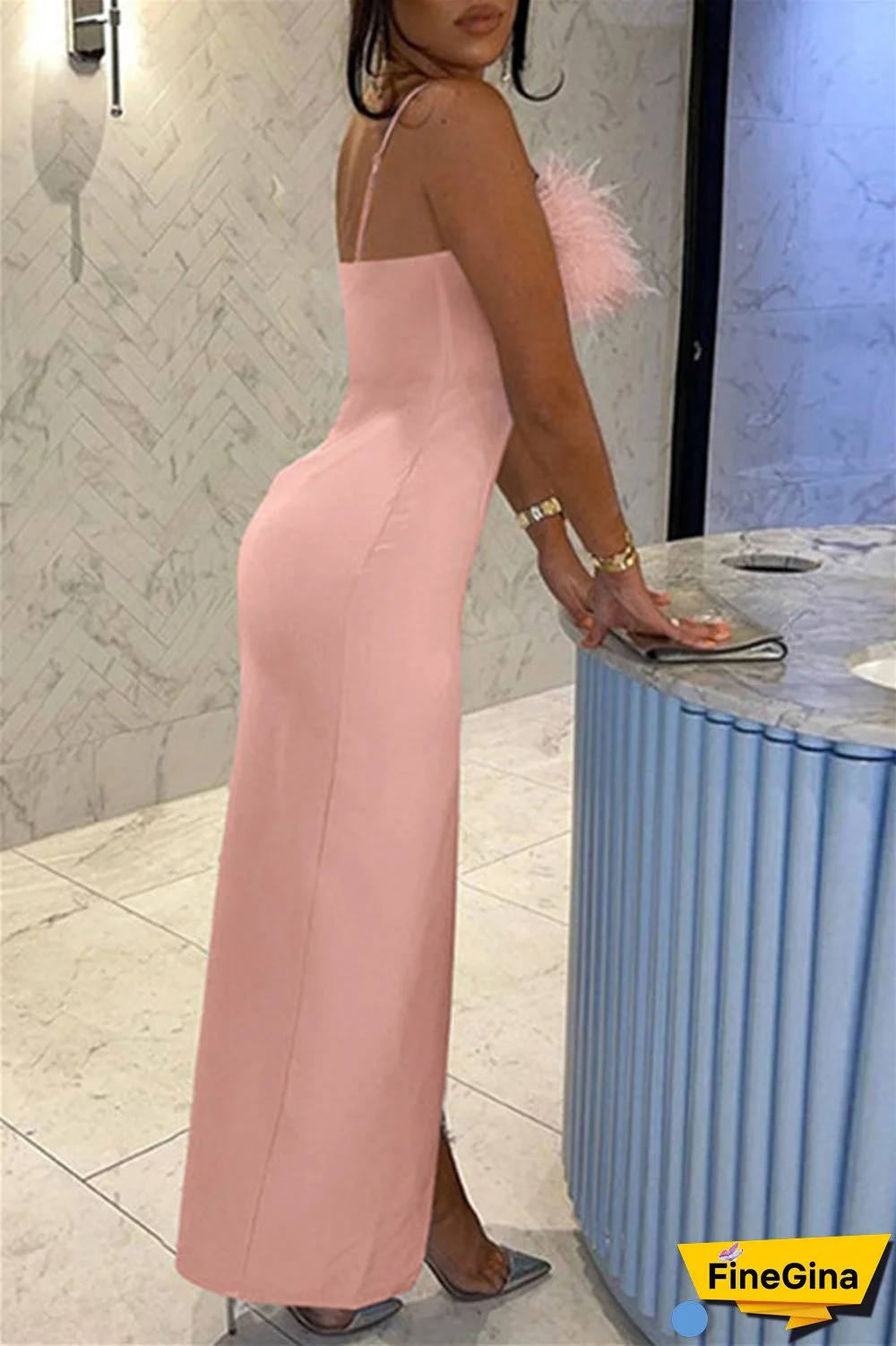 Blue Sexy Solid Patchwork Feathers Backless Slit Spaghetti Strap Long Dress