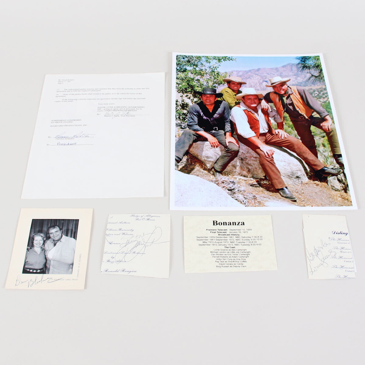 Bonanza Cast Signed Contract, Photo Poster painting & Cuts (4) Michael Landon, Dan Blocker et...