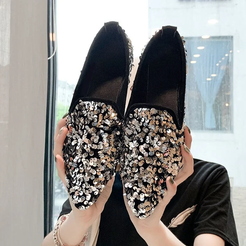 Fashion Women Ballet Shoes Leisure Spring Autumn Ballerina Bling Flash Sequins Flats Shoes Princess Shiny Pointed Wedding Shoes