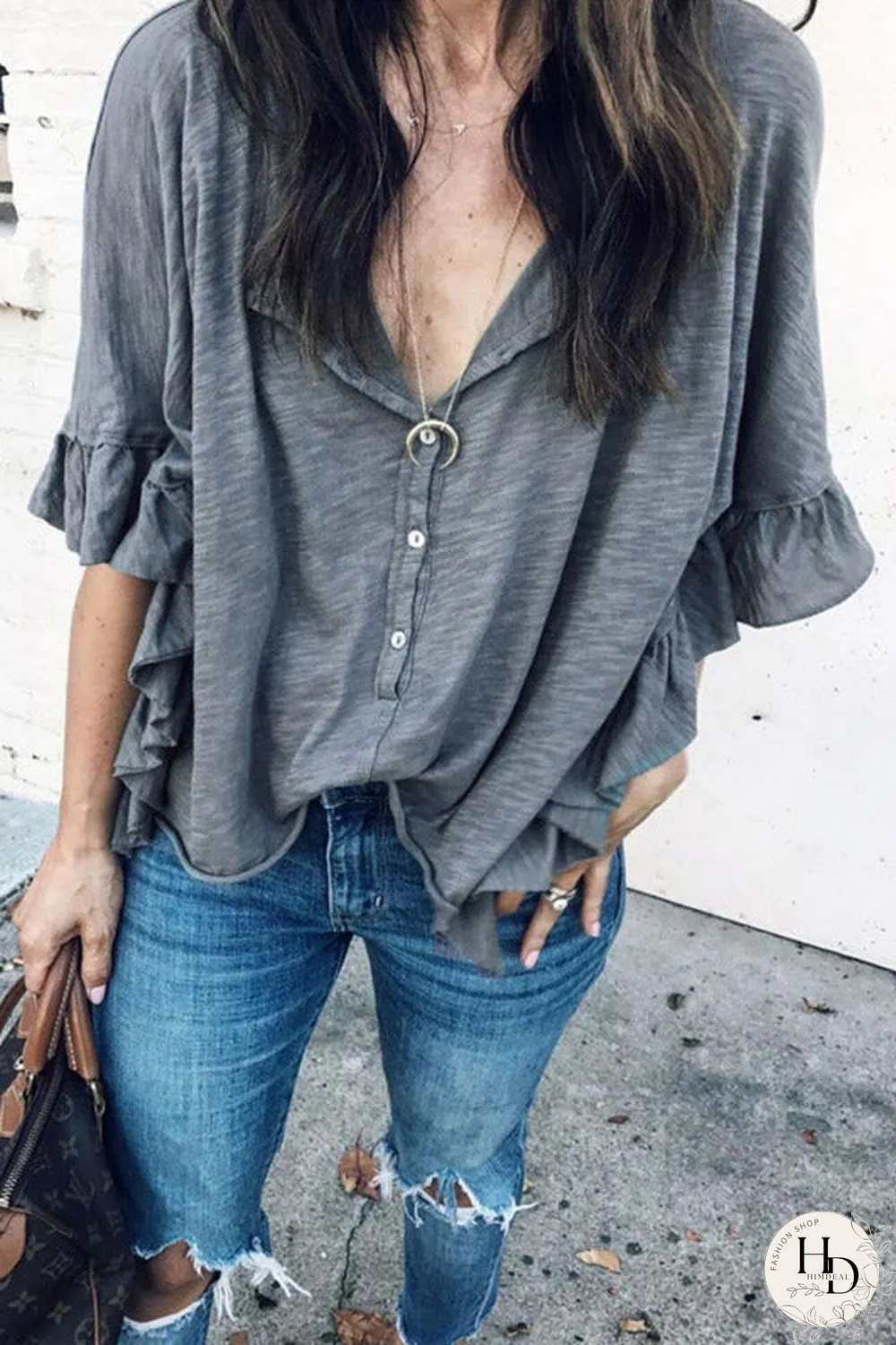 Loose Ruffle Sleeve Buttoned T-shirt