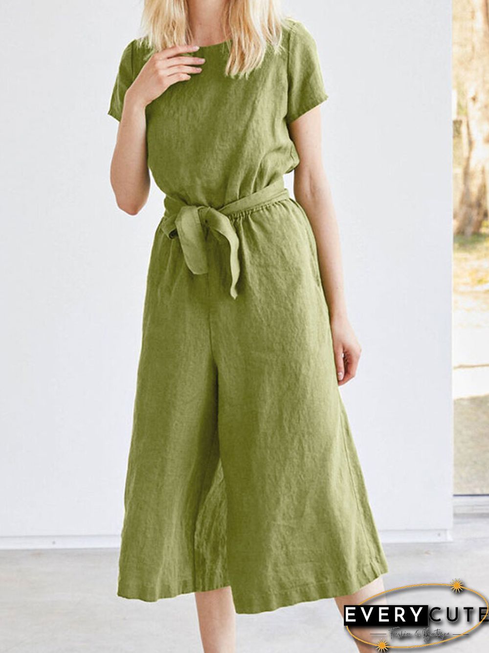 Solid Pocket Short Sleeve Wide Leg Jumpsuit With Belt