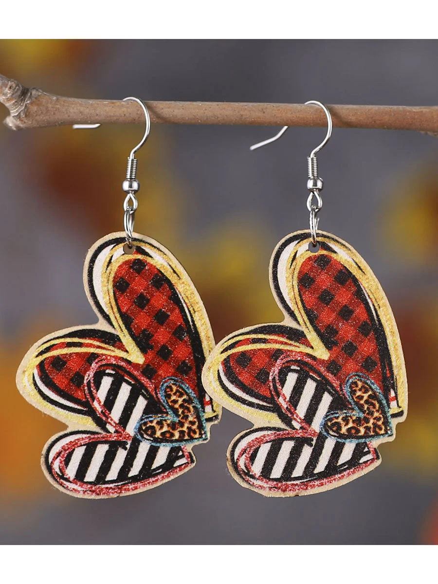 Valentine's Day Check Stripe Tie-Dye Leopard Heart Drop Earrings