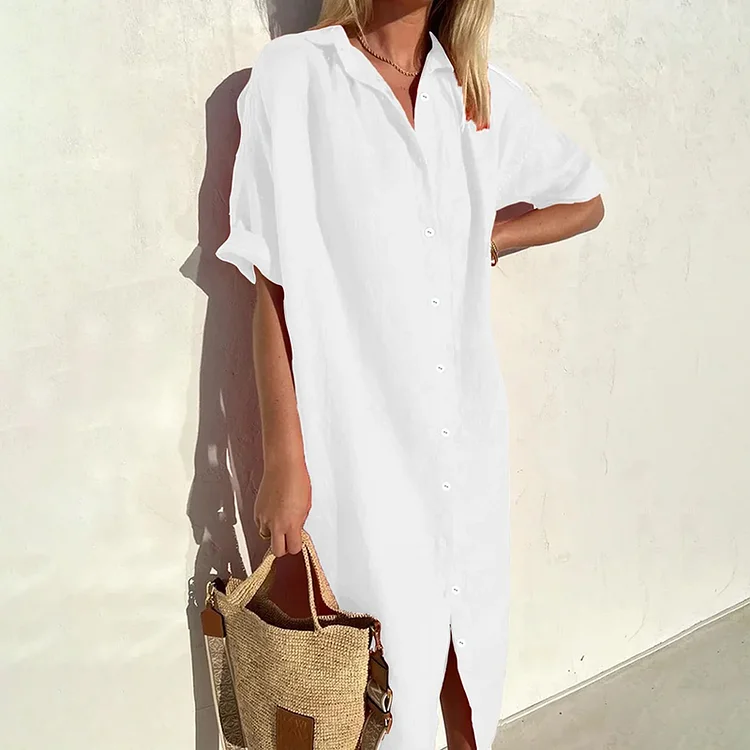 VChics Button Down Comfy Linen Cotton Midi Dress