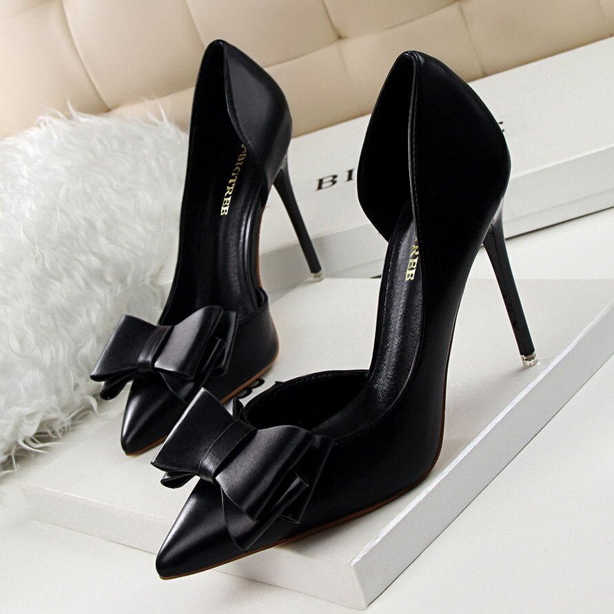 Korean fashion elegant sweet bow heels high heels high heels shallow mouth tip side hollow shoes