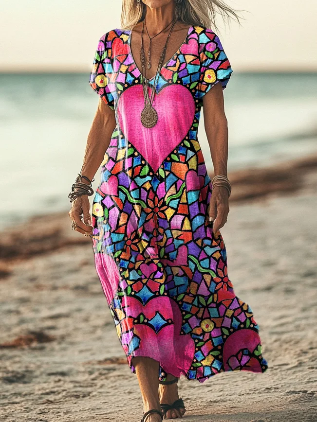 Women's Colorful Colorblock Heart Pattern Art Print Round Neck Sleeveless Pocket Linen Dress