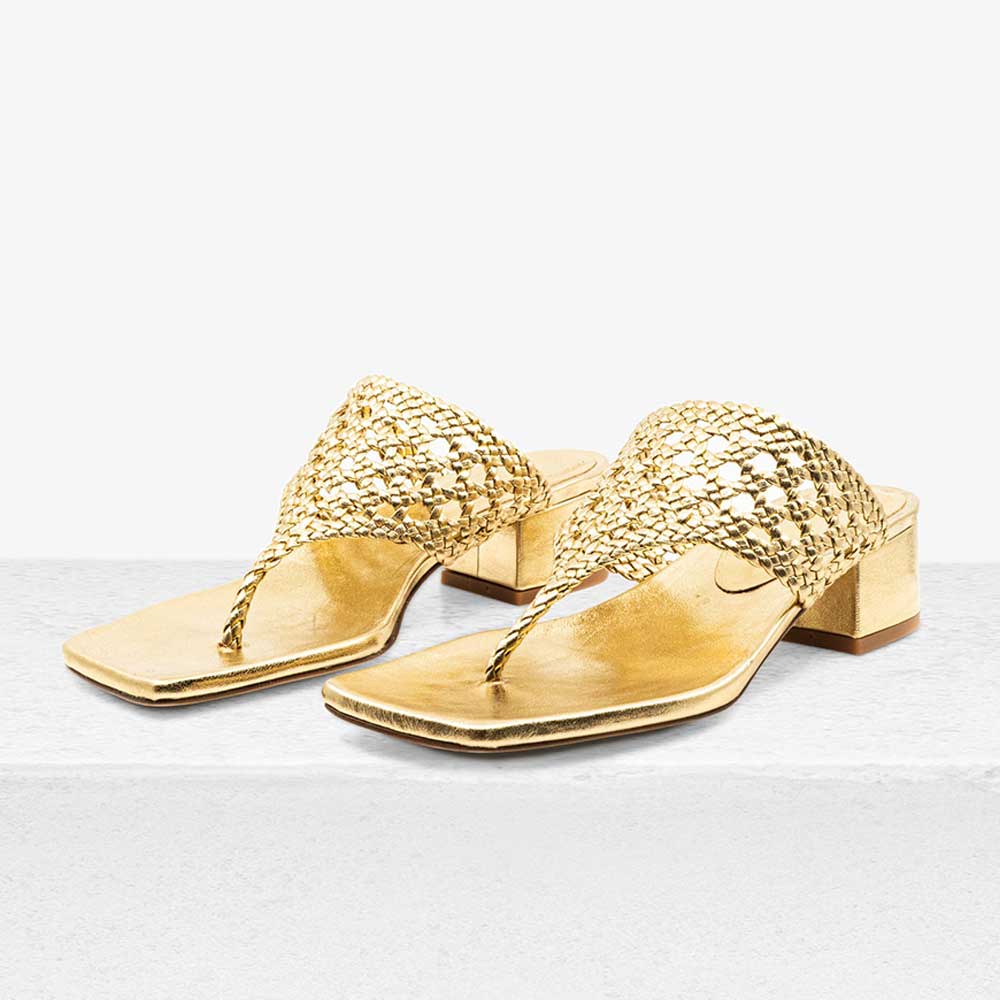 Women's Gold Metallic Finish Cut-Out Inlay Band Mules with Chunky Heel Nicepairs