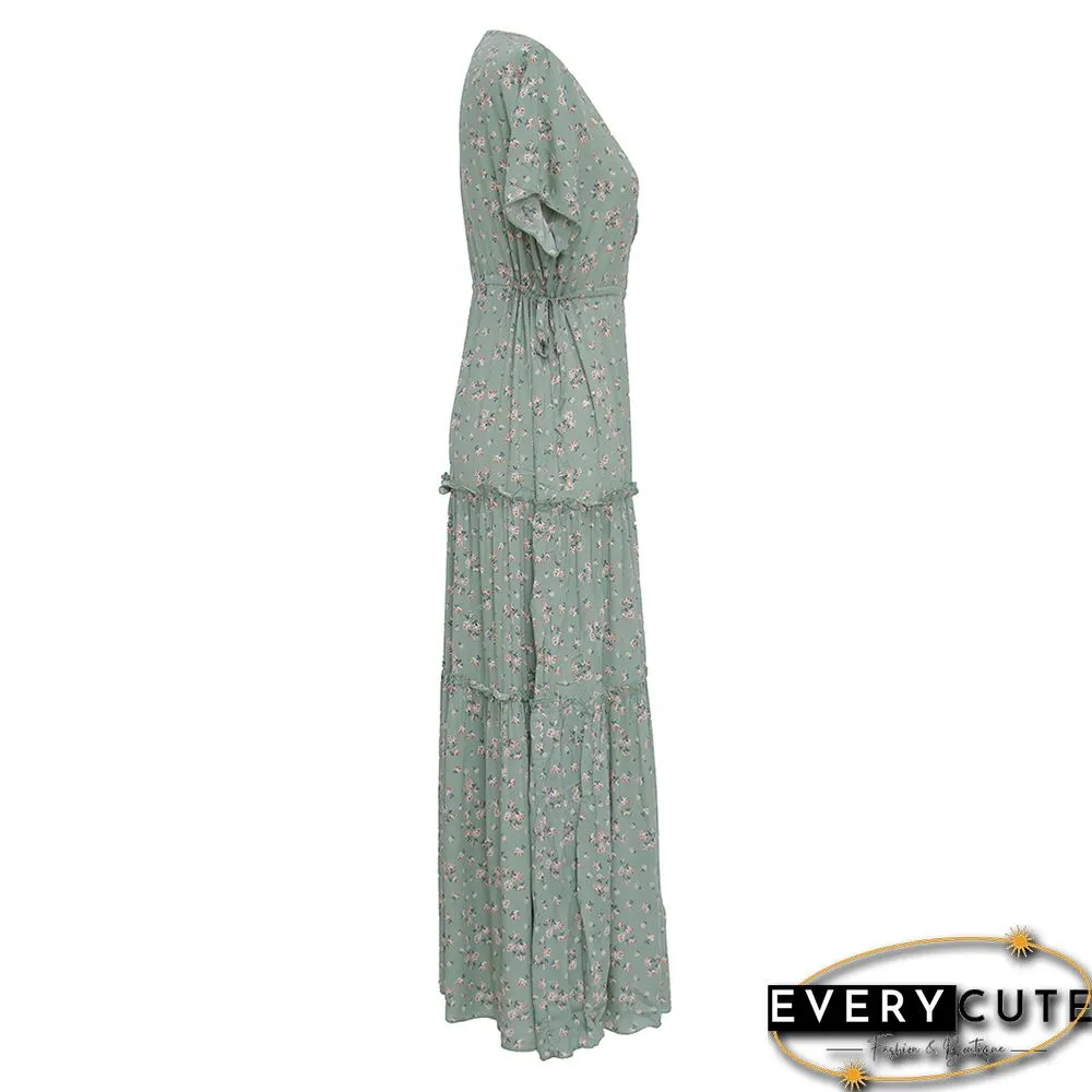 Green Tiered Ruffle Detail V Neck Floral Dress