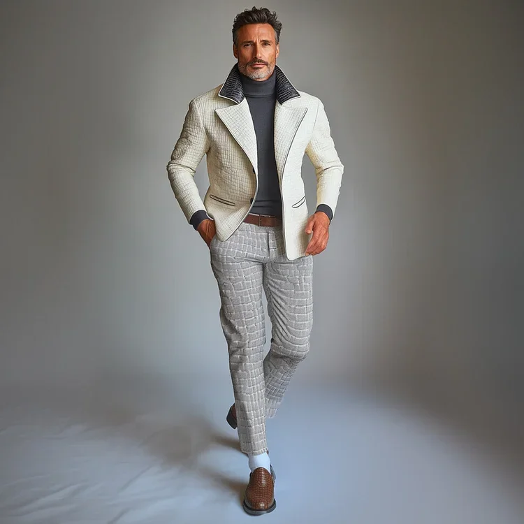 Mens PU Leather Crocodile Pattern Contrast Color Notched Lapel Bu-inspireuse