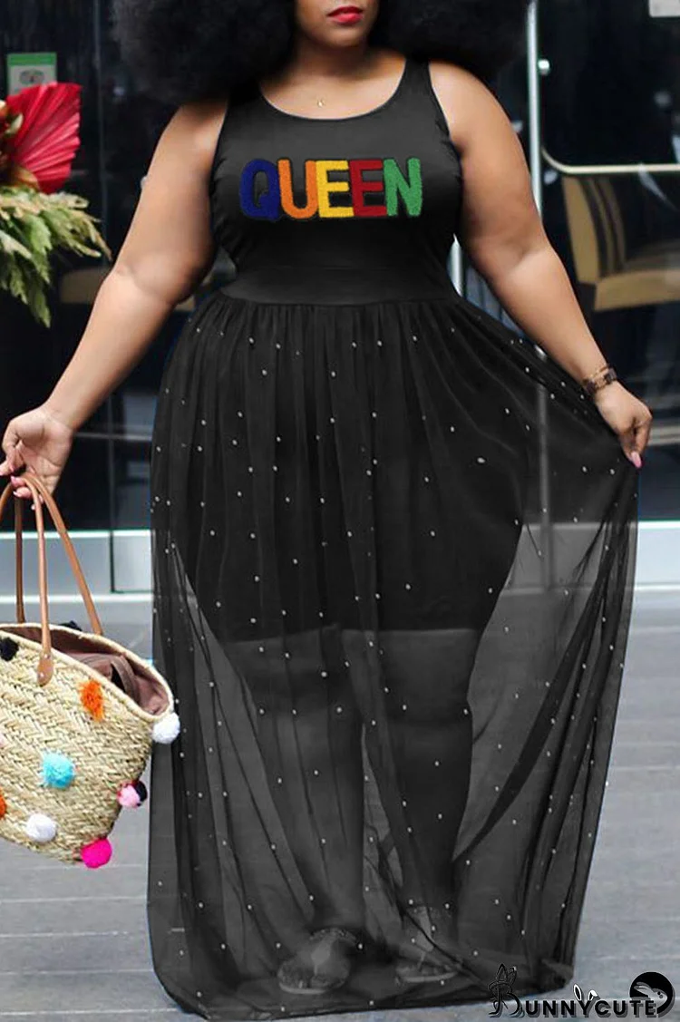 Black Casual Solid Embroidered Split Joint Beading U Neck A Line Plus Size Dresses