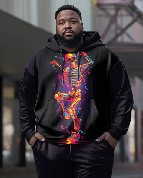 Men's Plus Size Flame Skull Hoodie Two Piece Set