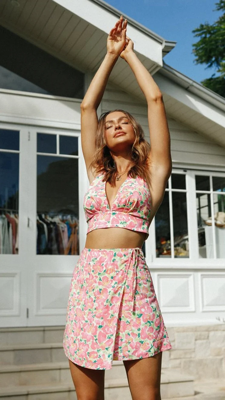 Peach Floral Crop Top and Skirt Sets
