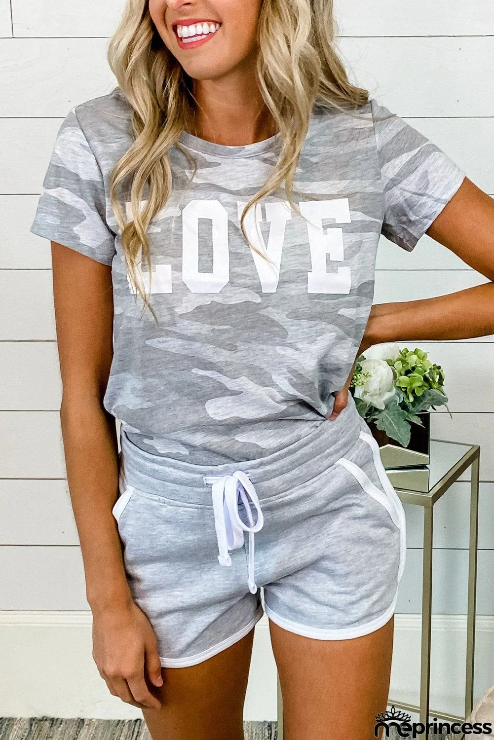 Camo Letter Print T Shirt And Shorts Set