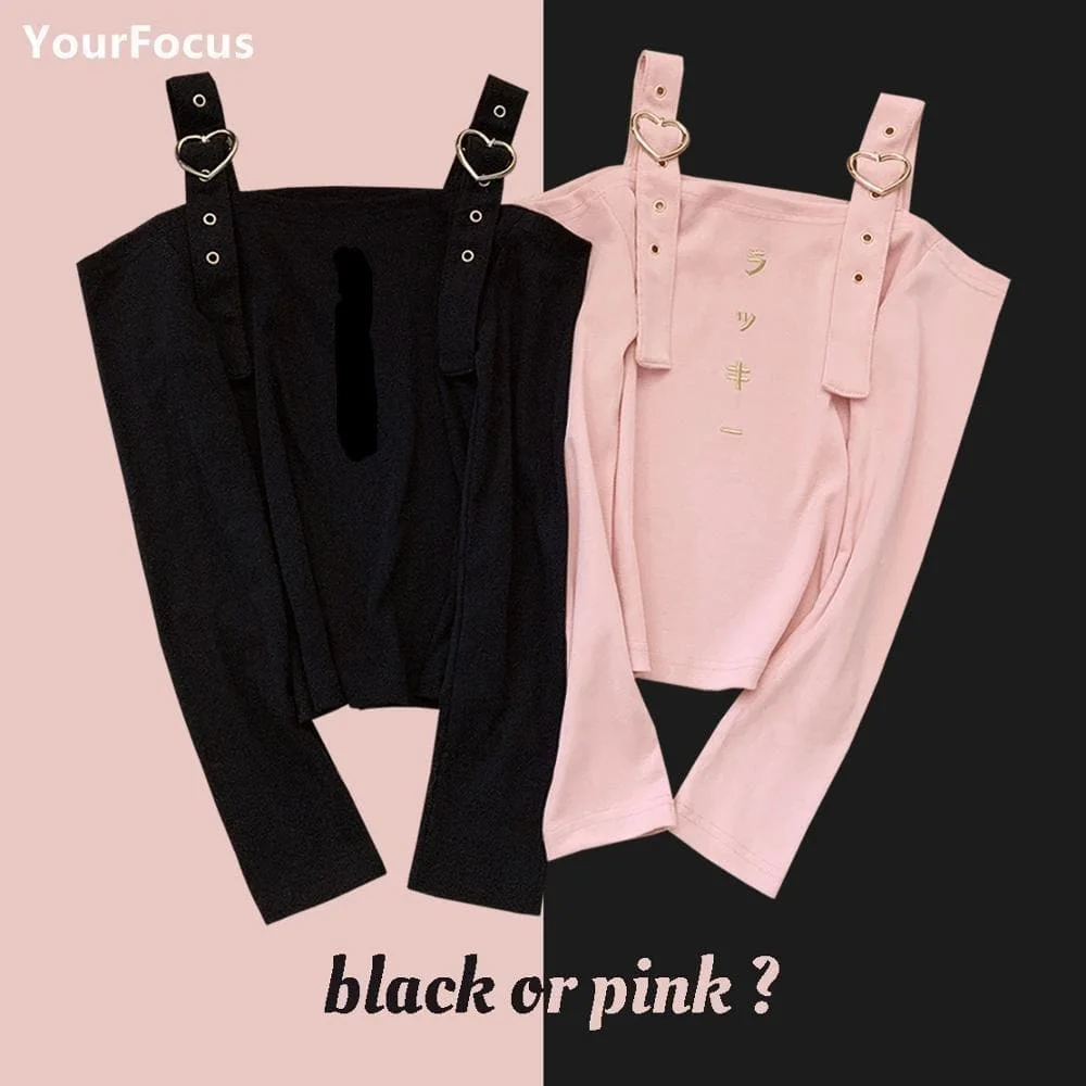 Harajuku Pink Black Heart Button Crop Tops SP096