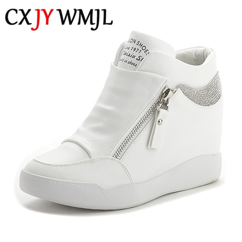 Women Wedge Sneakers Side Zipper PU Leather Casual Shoes Sequins Thick Bottom White Shoe Women's Internal Heighten Flat Sneaker