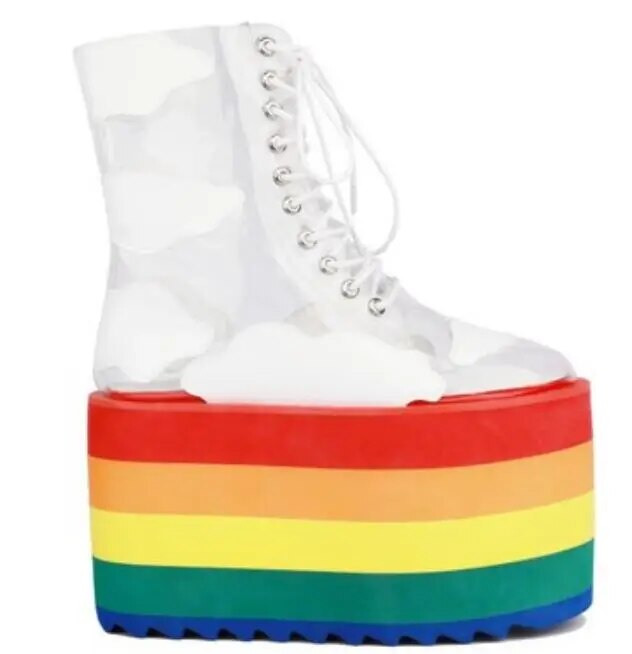 VCSHOES Rainbow Thick Platform Cloud Stars Ankle Boots Clear PVC Sole Woman Increasing Transparent Boots Shoes