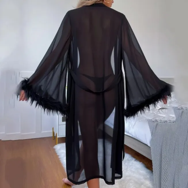 Uveng Uveng Summer New Simulation Silk Feather Long-Sleeved Pajamas Pyjamas Comfortable Tied Lady's Homewear