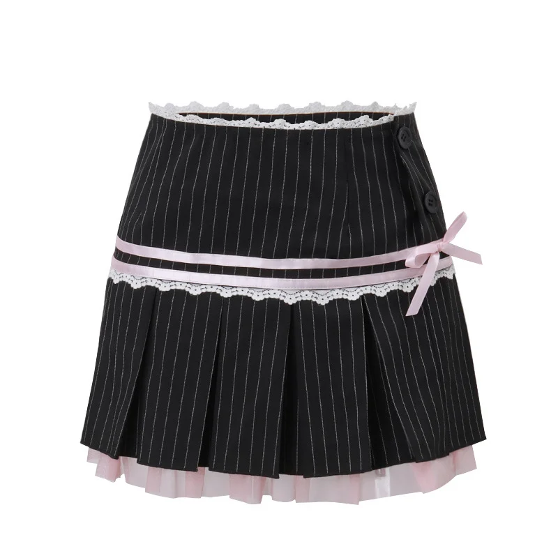 Huibahe Academic Style Stripe Print Pleated Skirt Aesthetic Lace Patchwork High-waist Skirt 2023 Streetwear Cute Sweet Skirt