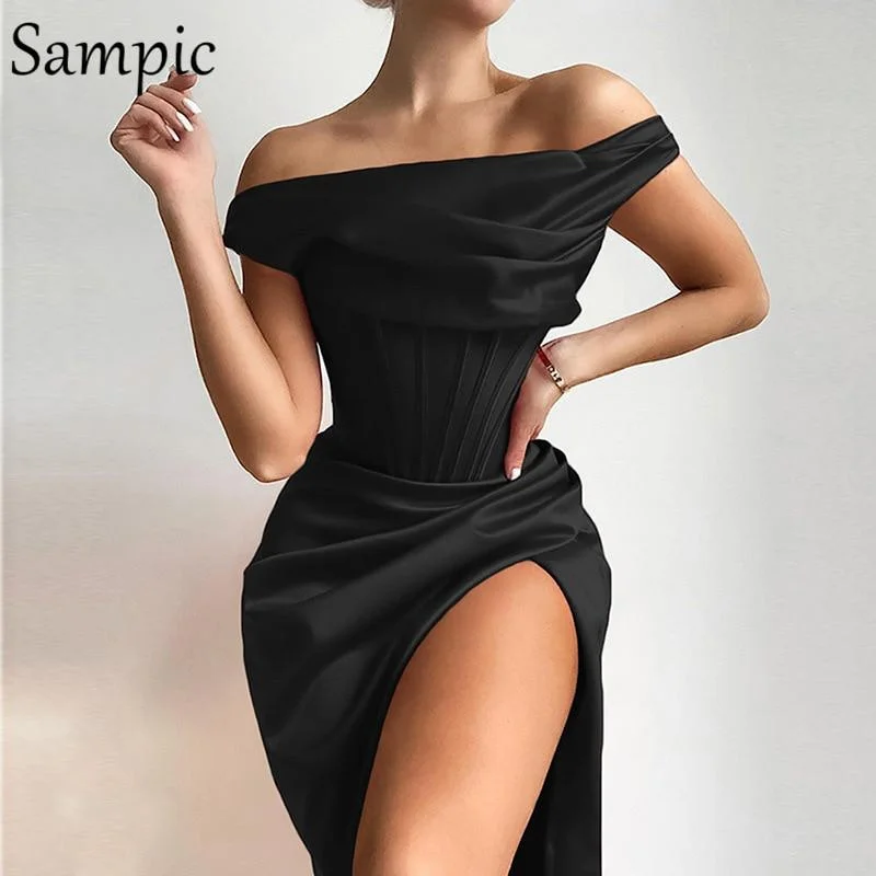Sampic Sexy Women Fashion Party Club Red Long Split Wrap Stain Dress 2020 Black Off Shoulder Sleeveless Bodycon Corset Dress 1022