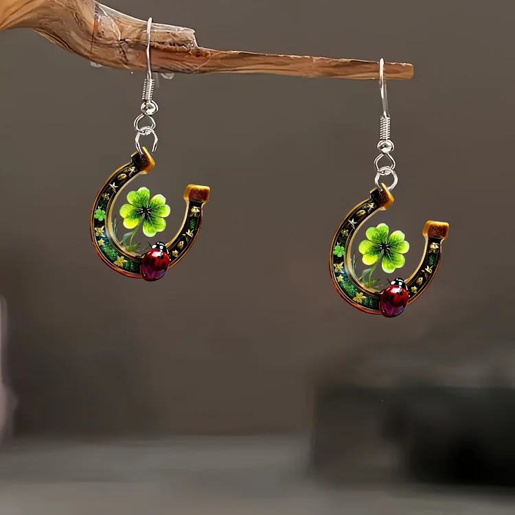 St. Patrick's Day Horseshoe & Four-Leaf Clover Design with Ladybird Earrings