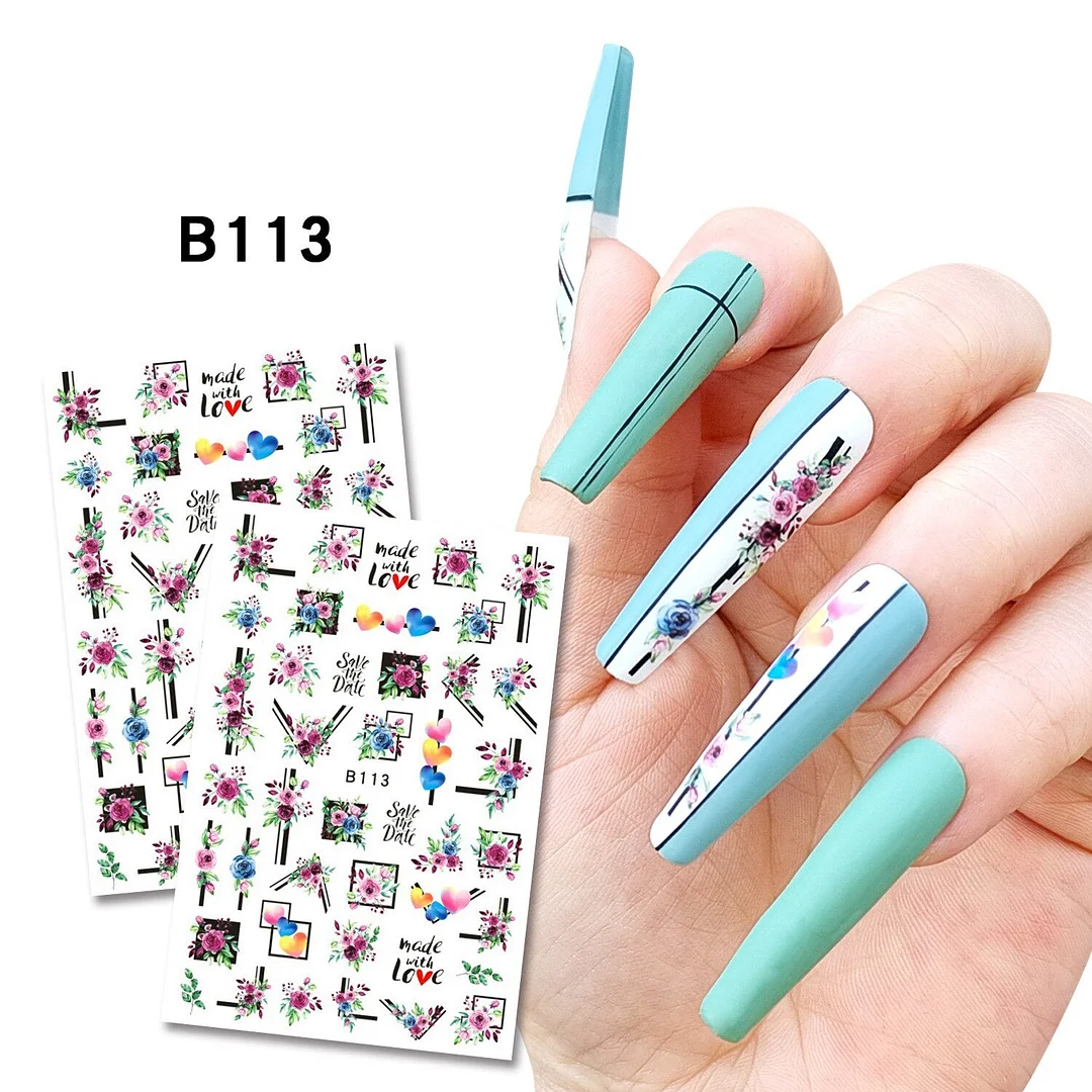 Purple Red Pink Rose Flower 3D Nail Sticker Leaves Love Heart Self-Adhesive Slider Art Decorations Decals Manicure Accessories-Nail Inspo