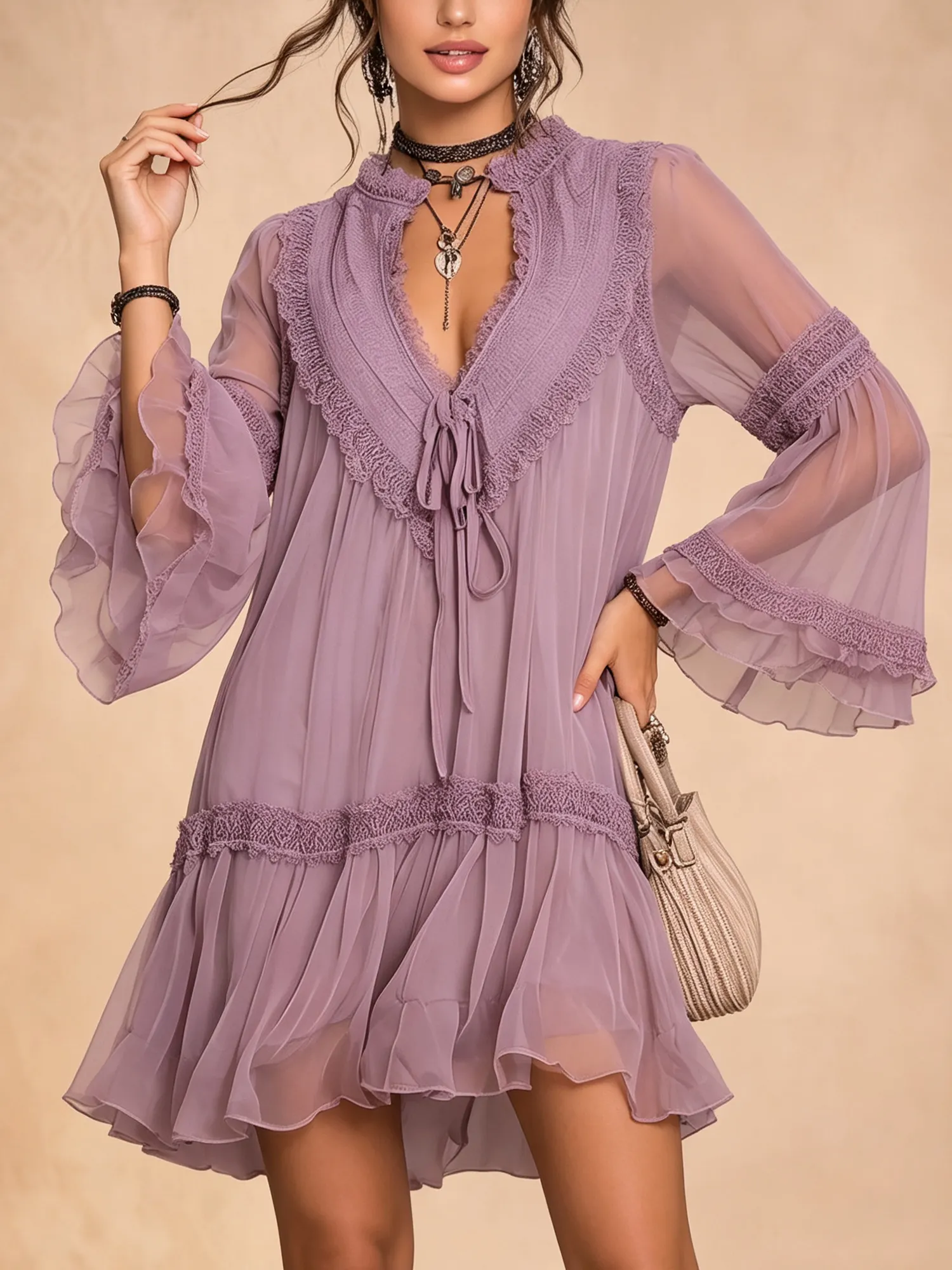 Western Dress &mdash; Desert Lavender Mock Neck Plunging V-Neck Lace Dress Mini Dress
