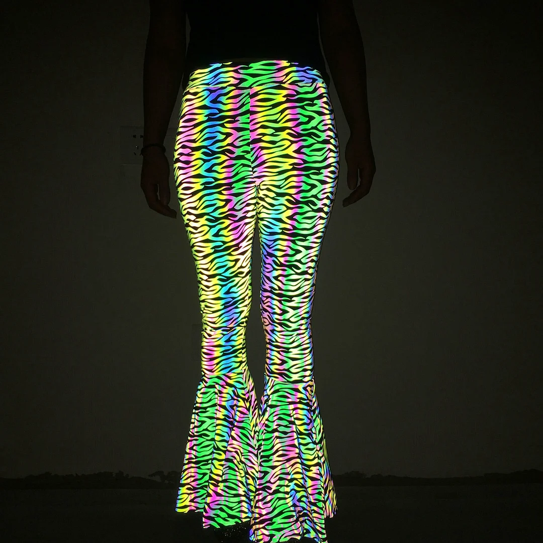 Woherb Dazzling Reflective Bell Bottoms Women Fashion Slim High Waist Wide Leg Trousers Nightclub Stage Sexy Women-Outfit Ideas