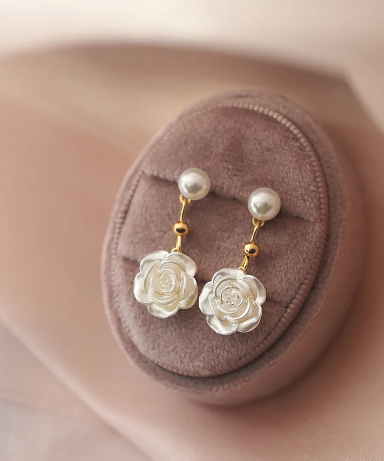 Style White Alloy Pearl Floral Drop Earrings