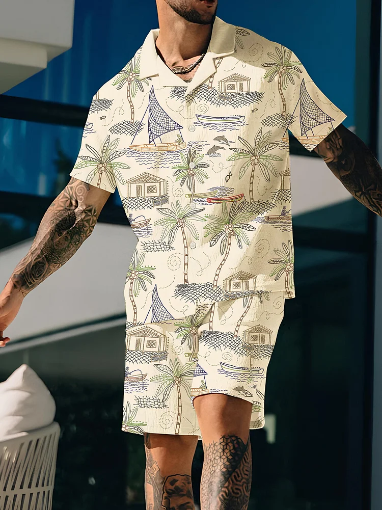 Men's Coconut Tree Sailing Resort Art Print Short Sleeve Shirt Set