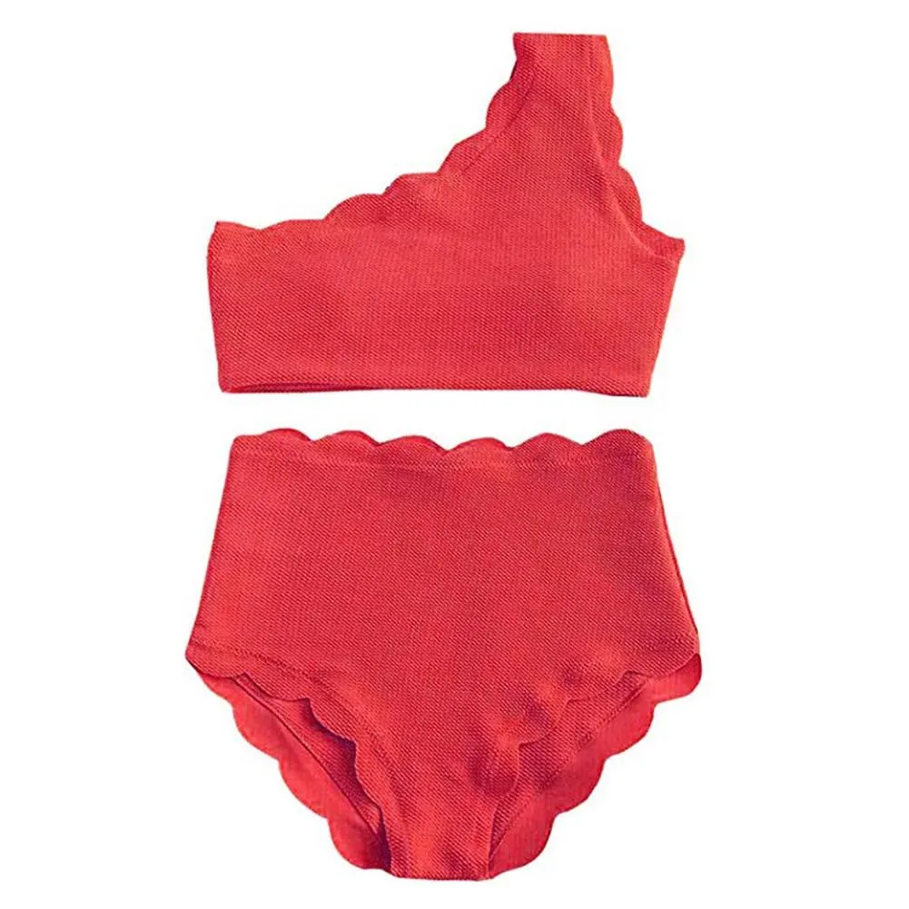 2Pcs Fashion Women One Shoulder High Waist Scalloped Bikini Set Summer Swimwear Suitable for beach travel swimming