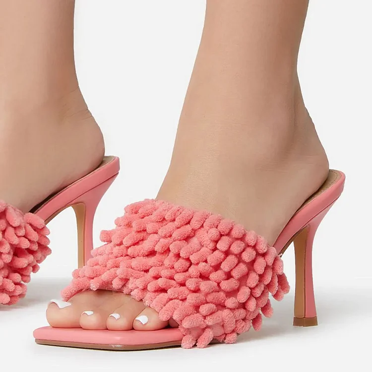 Pink Stiletto Heel Patent Shoes Classic Square Toe Sandal Tassel Mules |FSJ Shoes