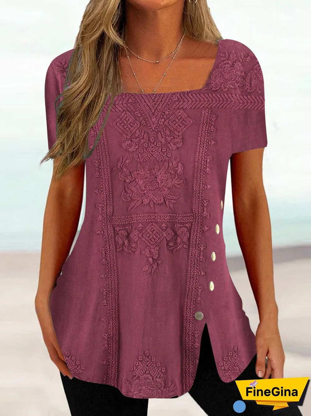 Women Short Sleeve U-neck Floral Printed Top