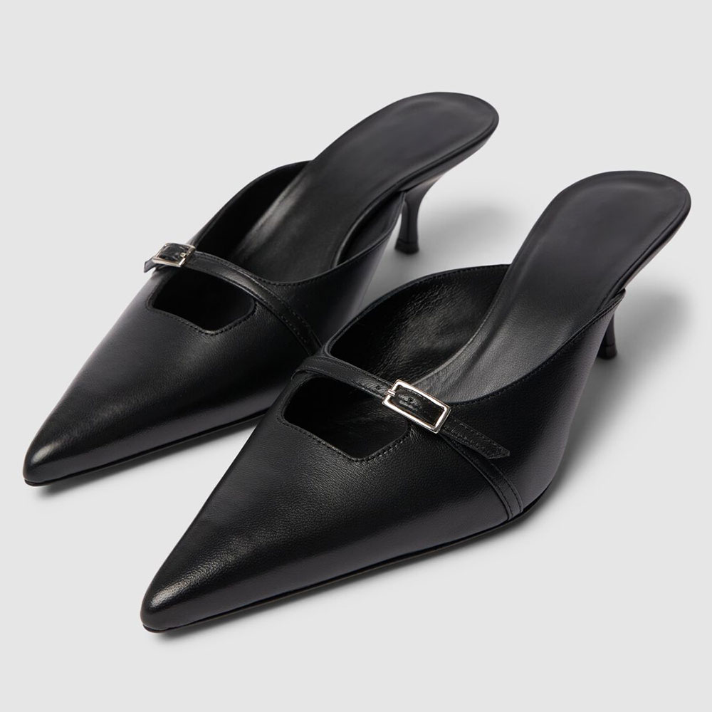 Black Buckle Strap Slip-On Pointed Toe Kitten Heel Mules for Women Nicepairs