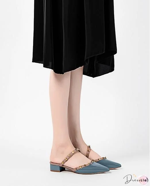 Pointed-toe Solid Color Splicing Studded Buckle Flat Sandals