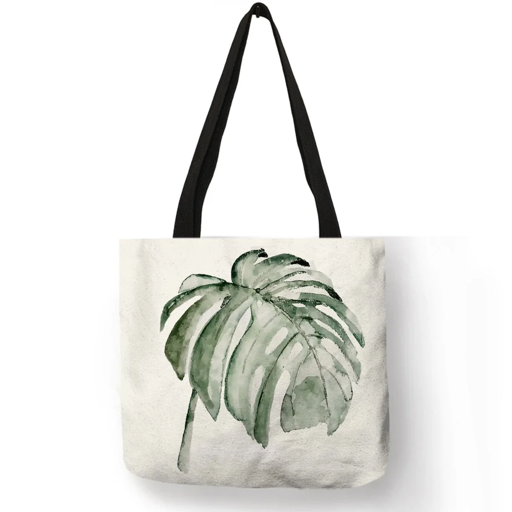 Watercolor Pteridophyte Print Reusable Shopping Bag Banana Tree Tote Bag For Women Fabric Handbags Traveling Beach Bags