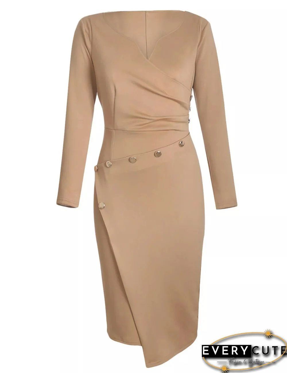 Khaki Heart V Neckline Button Detail Midi Dress