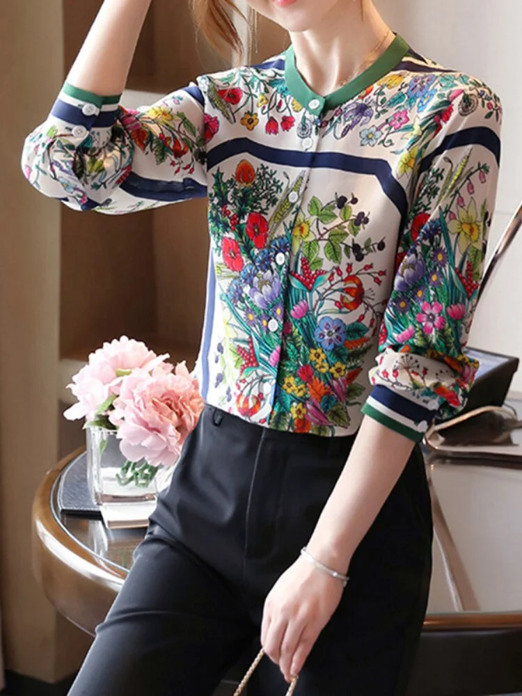 tlbang Womens Shirts Chiffon Floral Shirts Stand-up Collar Long-sleeve Blouse Women Elegant Button Up Shirt Fashion Ladies Tops