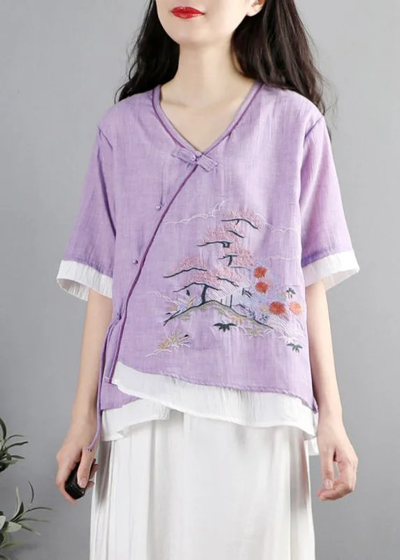 Vintage Purple Embroideried Patchwork Cotton Blouses Summer