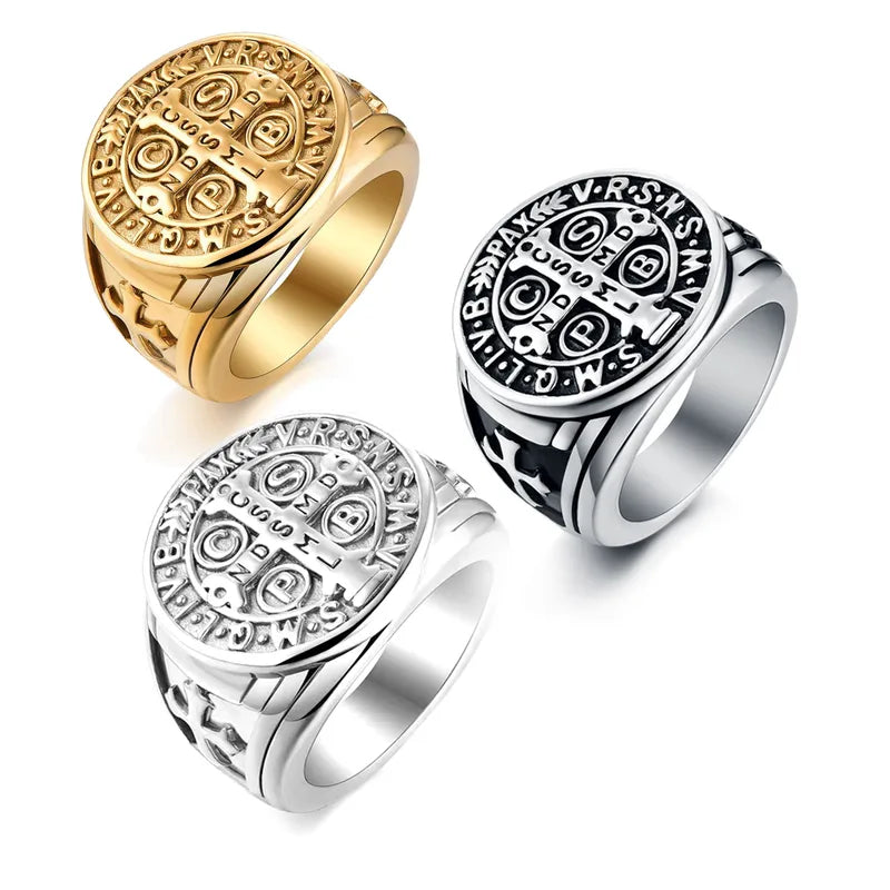 Men's St. Benedict Vintage Titanium Steel Ring Roman Cross Protection Christmas Gift