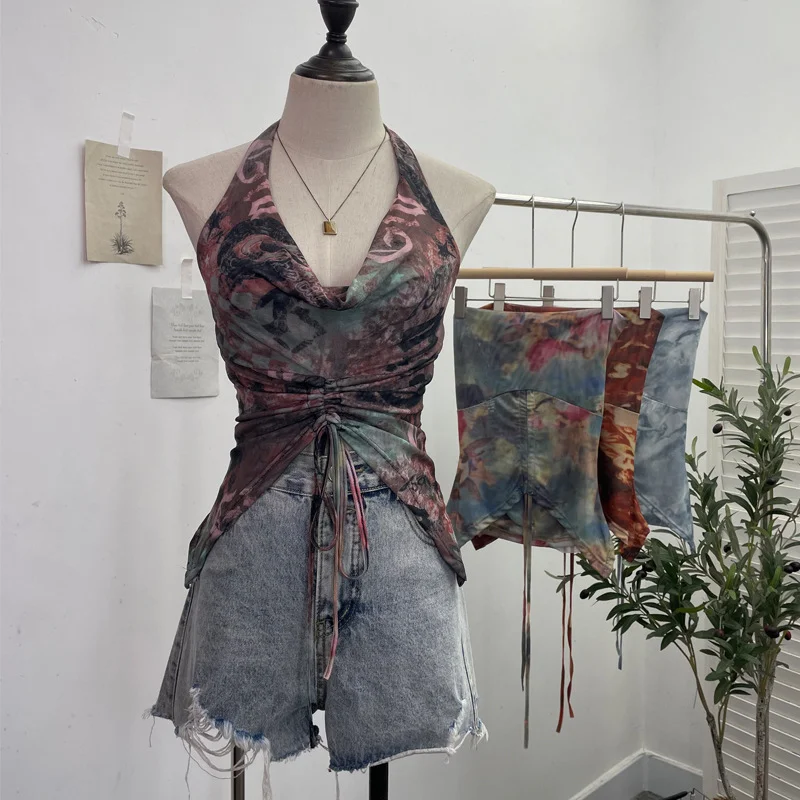 Brownm Real Shooting Holiday Wind Hanging Neck Collar Collar Tidling Strap Sling Vest Tie Mesh Yarn Short Sleeveless Top 9926