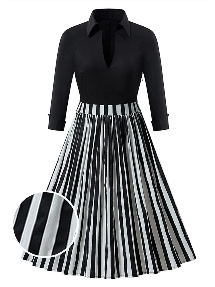 Black 1950s Stripe Patchwork Swing Dress