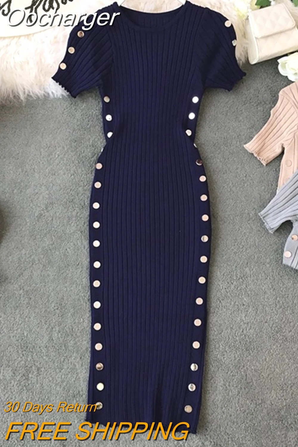 Oocharger 2023 Summer Knitting Dresses Stretch O-neck Short Sleeve Vestidos Slim Sexy Bodycon Buttoms High Waist Long Dress