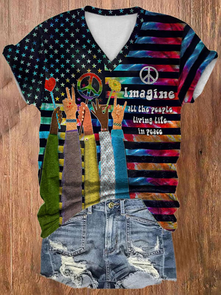 Comstylish Hippie Imagine All The People Living Life In Peace Print T-Shirt