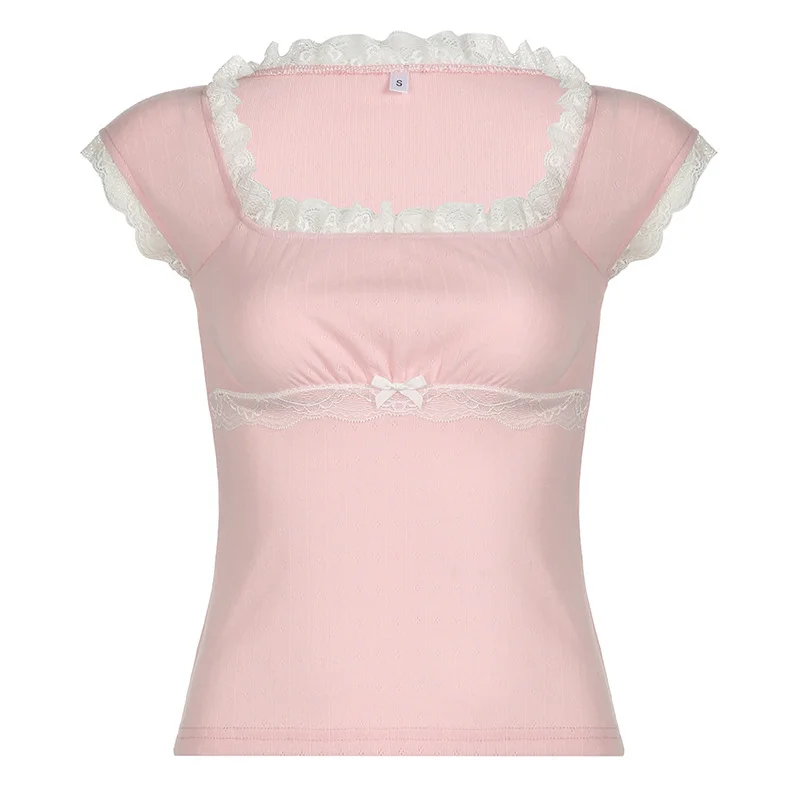 Ueong Sweet Lace Lace Stitching Square Collar Slim, Striking Color Short-Sleeved T-Shirt, Girl's Knitted Blouse