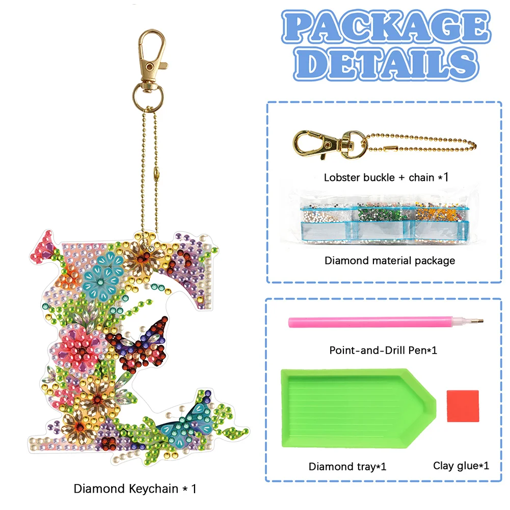 DIY E Diamond Art Key Rings Lettter Keychain Supplies Gift for Kids(Double Sided)