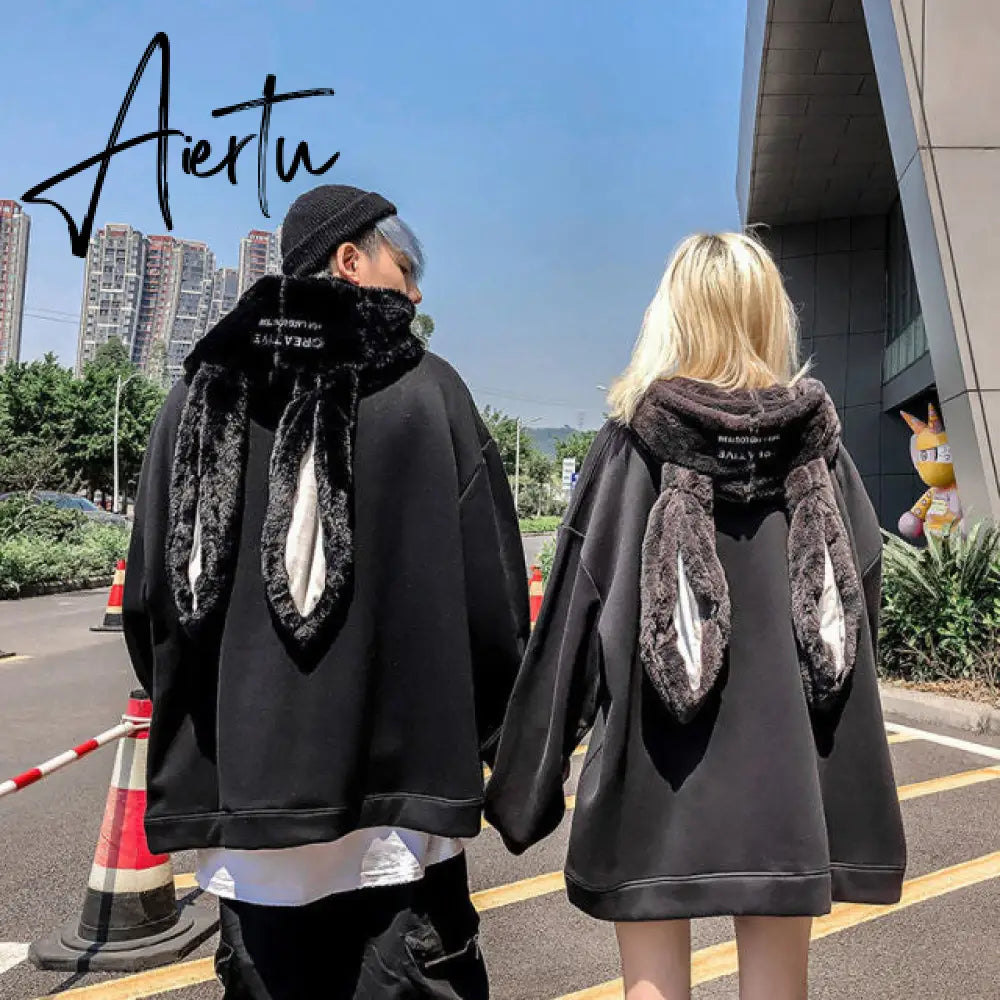 VOOCIEC Autumn Gothic Harajuku Style Couple Hoodie Cute Rabbit Ear Pullover Fashionable Loose Slim Long Couple's Preppy Coath Aiertu