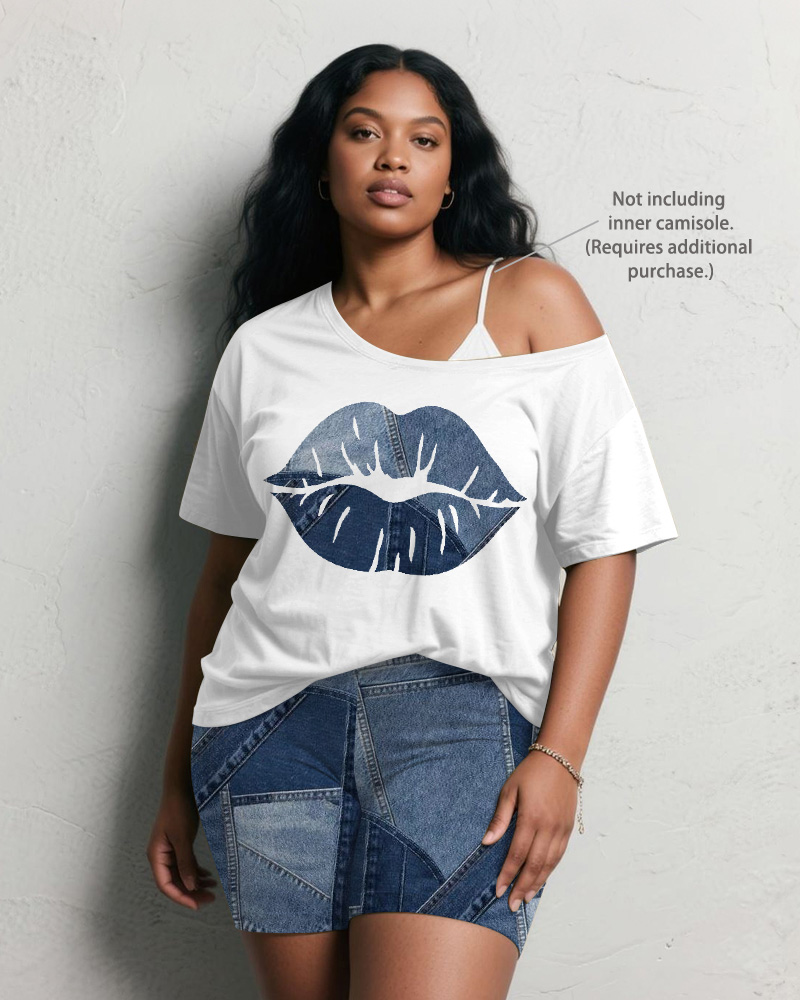 Women's Plus Size Daily Casual Lips Denim Print Short Sleeve Shorts Suit