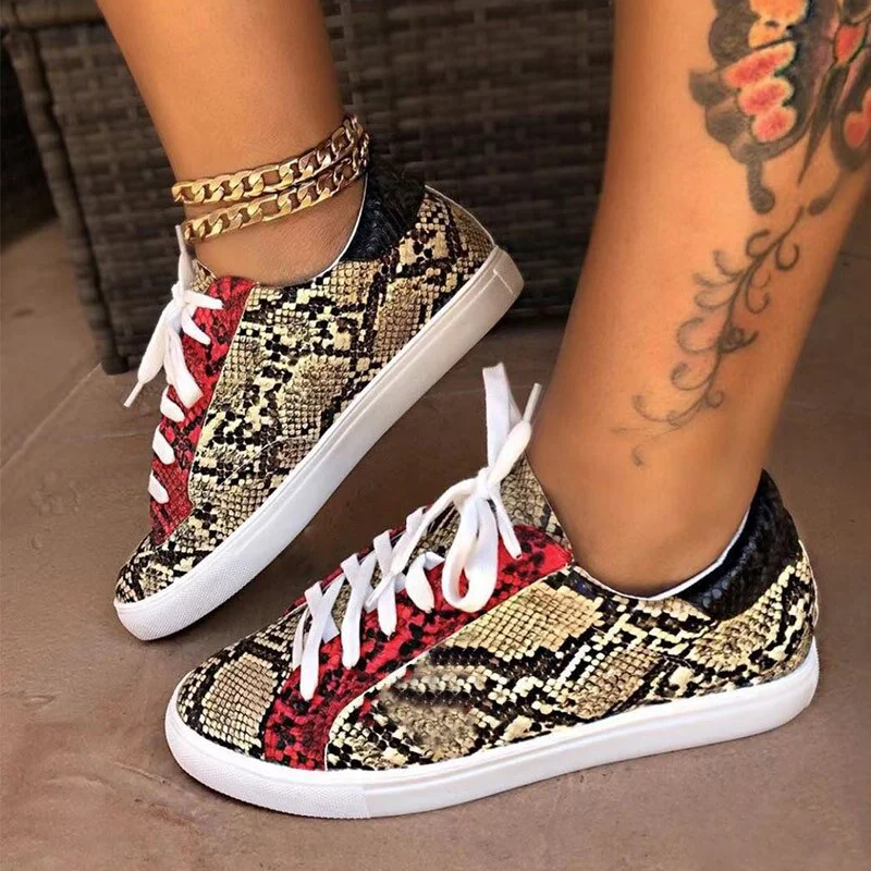 2019 New Women Serpentine Prints Pu Leather Vulcanized Shoes Lace Up Female Sneakers Fashion Casual Platform Woman Flat Shoes